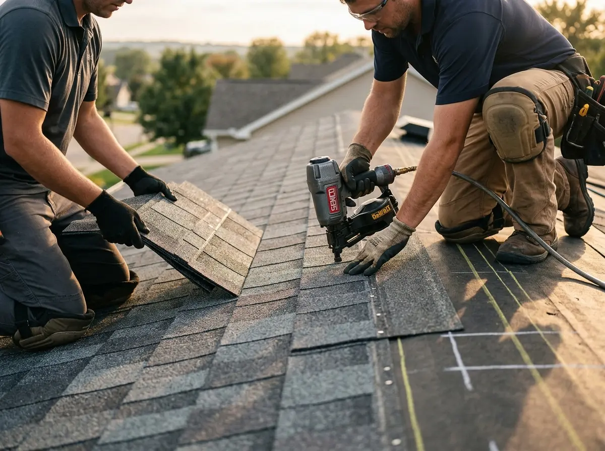 Professional roofer working on a residential roof in Monfort Heights